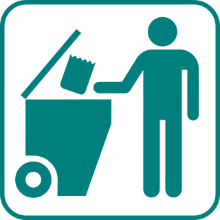 Drawing of man throwing recycling product into recycling bin.