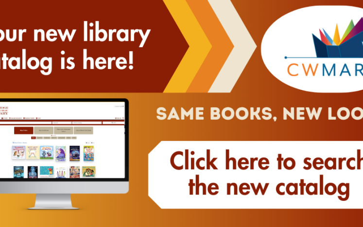 Promotional banner promoting the new library catalog - features clickable link to new catalog